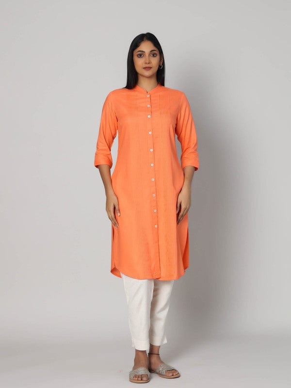 Orange 3/4th Sleeves Rayon Solid Calf length Kurta