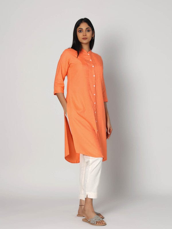 Orange 3/4th Sleeves Rayon Solid Calf length Kurta