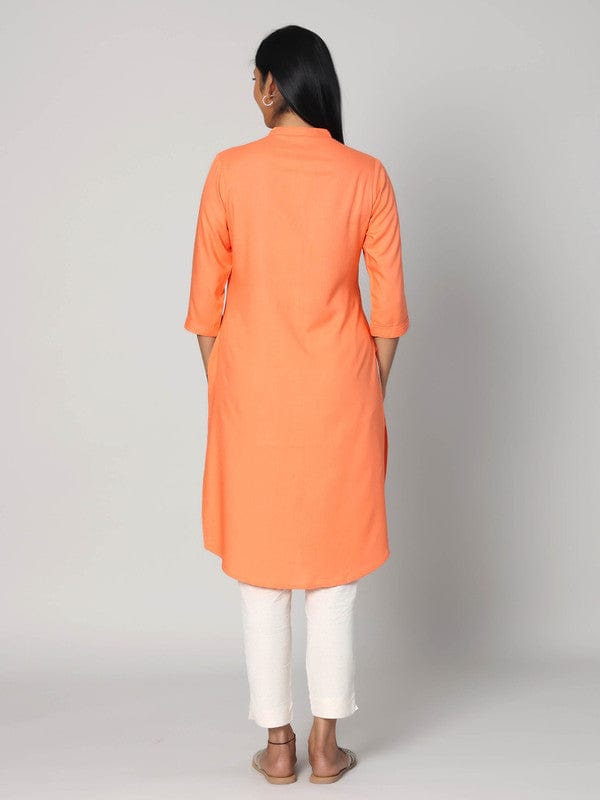 Orange 3/4th Sleeves Rayon Solid Calf length Kurta