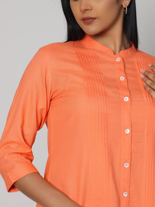 Orange 3/4th Sleeves Rayon Solid Calf length Kurta