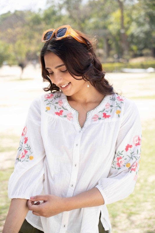 White 3/4th sleeves Cotton Floral embroidery Regular Fit Hip length Top