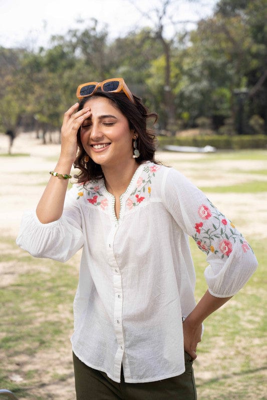 White 3/4th sleeves Cotton Floral embroidery Regular Fit Hip length Top