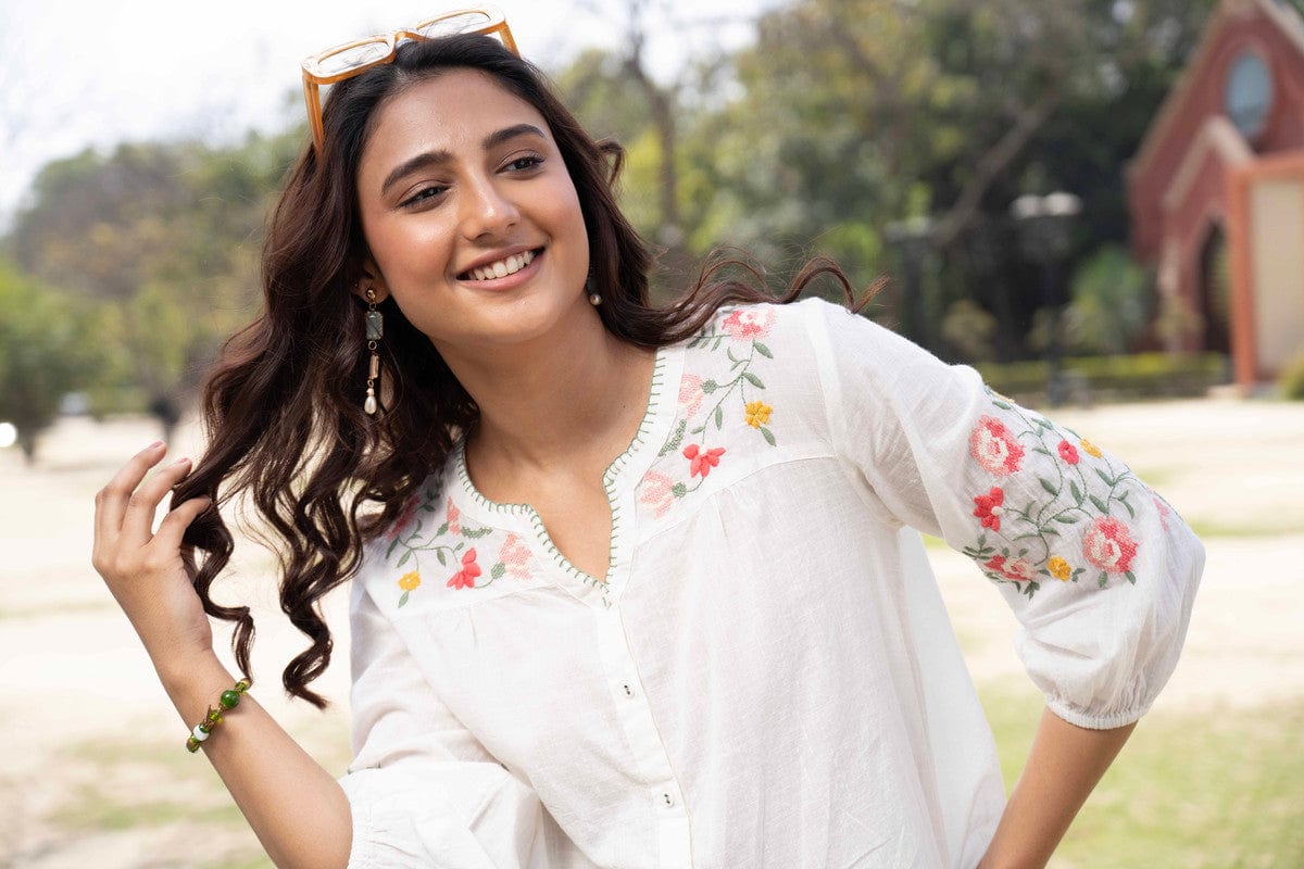 White 3/4th sleeves Cotton Floral embroidery Regular Fit Hip length Top