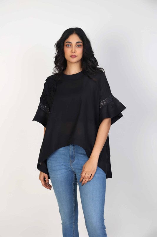 Black Elbow sleeves Cotton Voile 3d texture with fabric Hip length Top