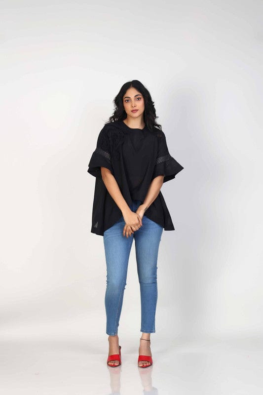 Black Elbow sleeves Cotton Voile 3d texture with fabric Hip length Top
