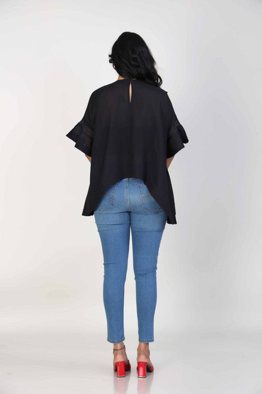 Black Elbow sleeves Cotton Voile 3d texture with fabric Hip length Top