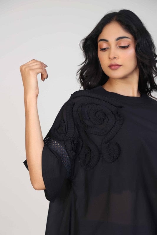 Black Elbow sleeves Cotton Voile 3d texture with fabric Hip length Top
