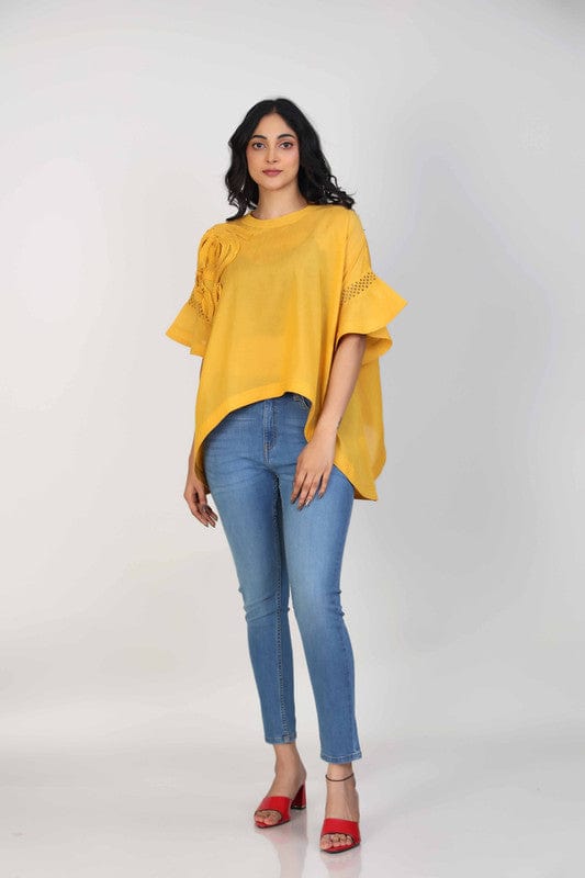 Yellow Elbow sleeves Cotton Voile 3d texture with fabric Hip length Top