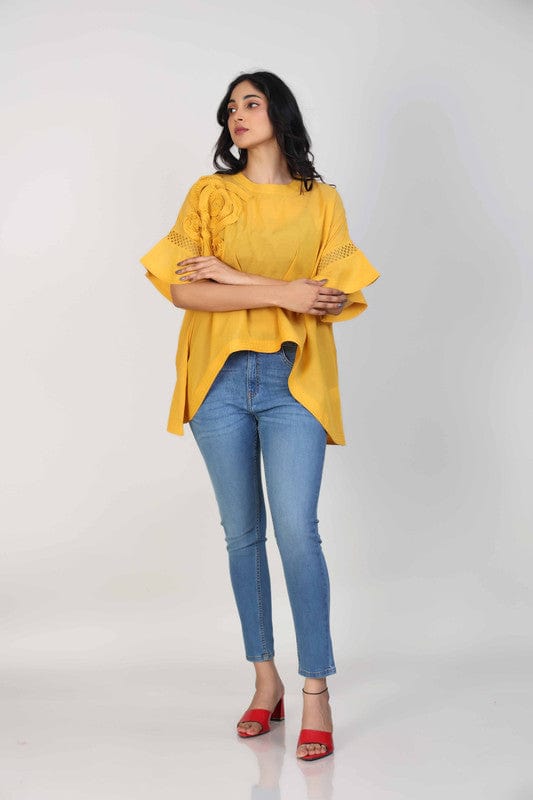 Yellow Elbow sleeves Cotton Voile 3d texture with fabric Hip length Top