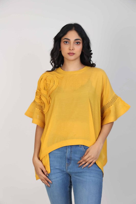 Yellow Elbow sleeves Cotton Voile 3d texture with fabric Hip length Top