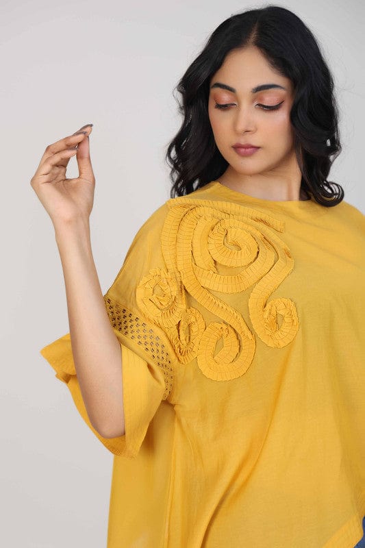 Yellow Elbow sleeves Cotton Voile 3d texture with fabric Hip length Top