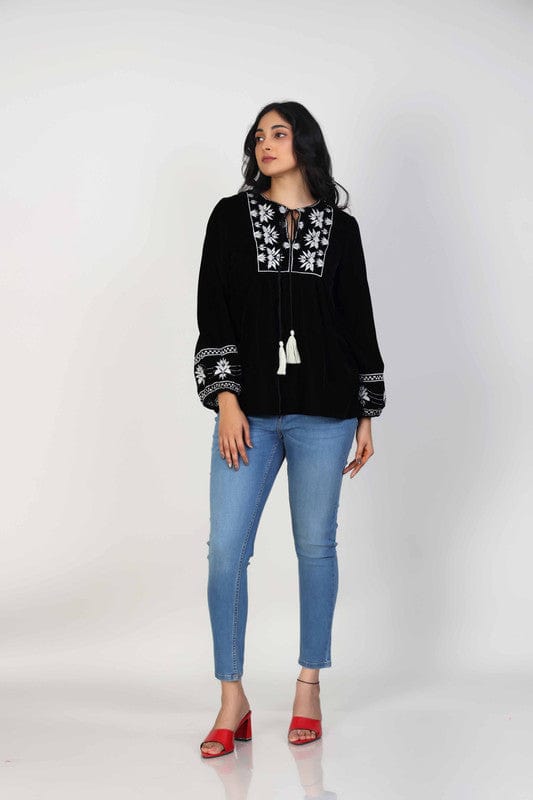 Black Full sleeves Velvet Thread work Hip length Top