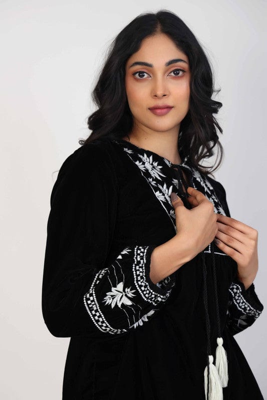 Black Full sleeves Velvet Thread work Hip length Top