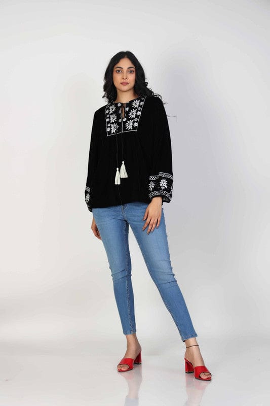 Black Full sleeves Velvet Thread work Hip length Top