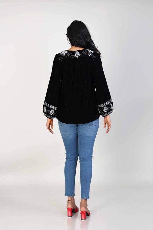 Black Full sleeves Velvet Thread work Hip length Top
