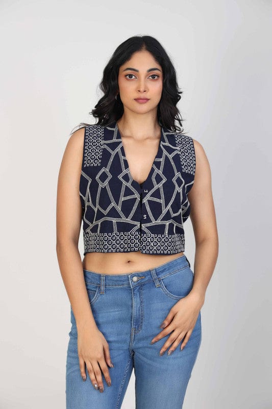 Navy Sleeveless Cotton Thread work Crop Length Top