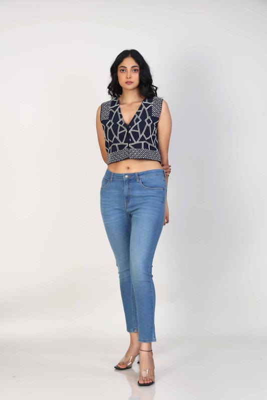 Navy Sleeveless Cotton Thread work Crop Length Top