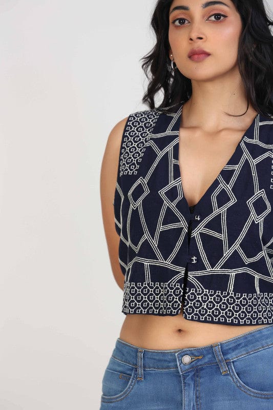 Navy Sleeveless Cotton Thread work Crop Length Top