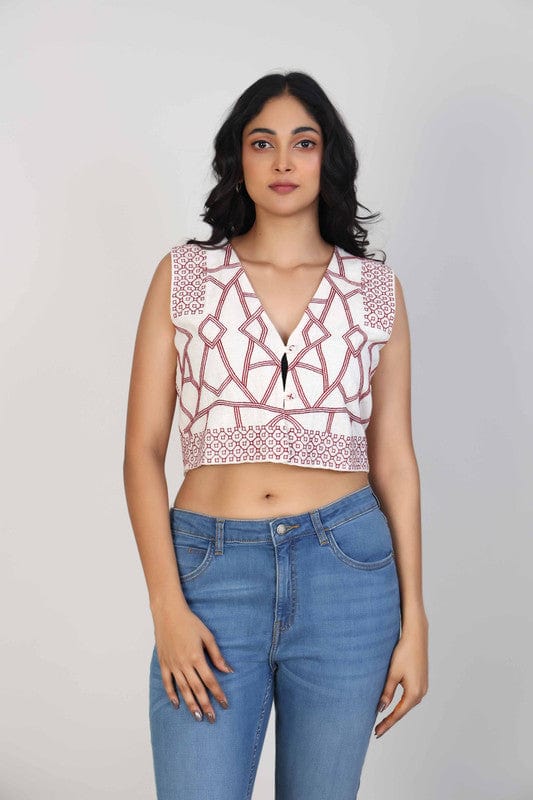 Off White Sleeveless Cotton Thread work Crop Length Top