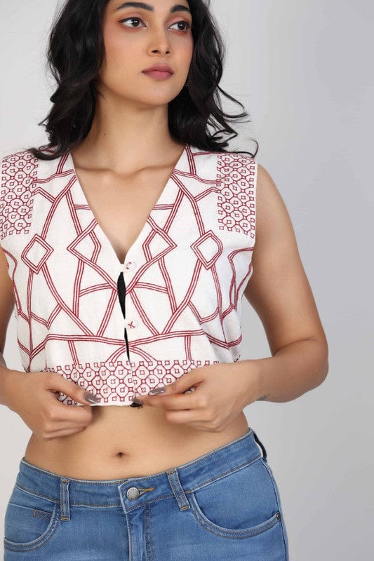 Off White Sleeveless Cotton Thread work Crop Length Top