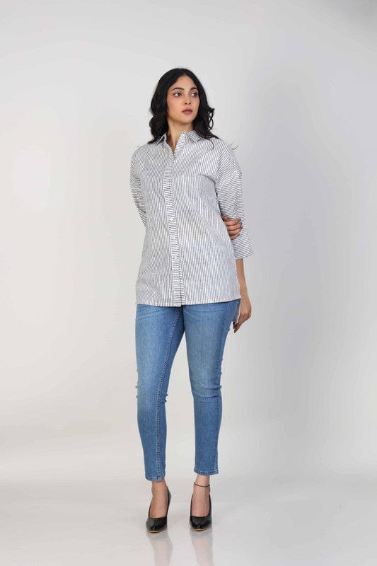 White and Grey 3/4th Sleeves Cotton Stripes Hip length Tunic