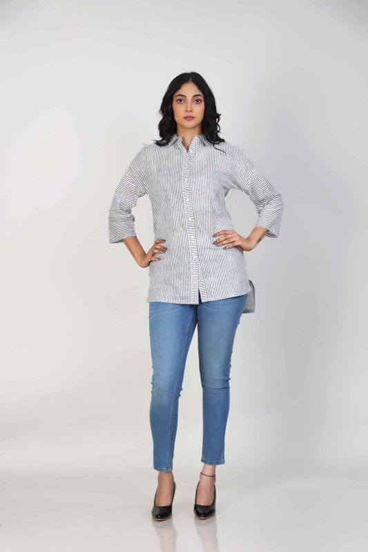 White and Grey 3/4th Sleeves Cotton Stripes Hip length Tunic