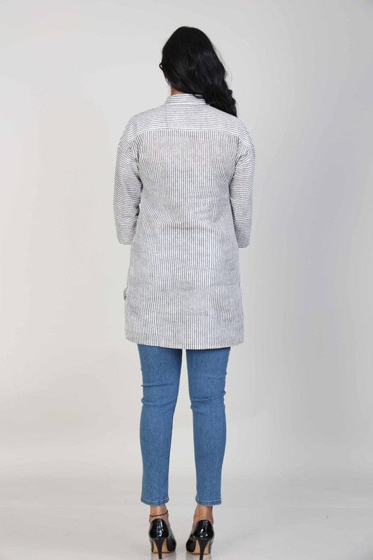 White and Grey 3/4th Sleeves Cotton Stripes Hip length Tunic
