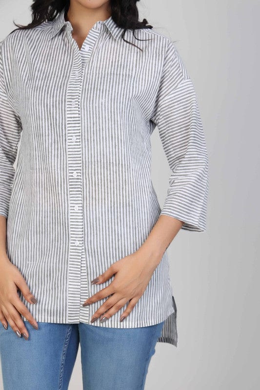 White and Grey 3/4th Sleeves Cotton Stripes Hip length Tunic