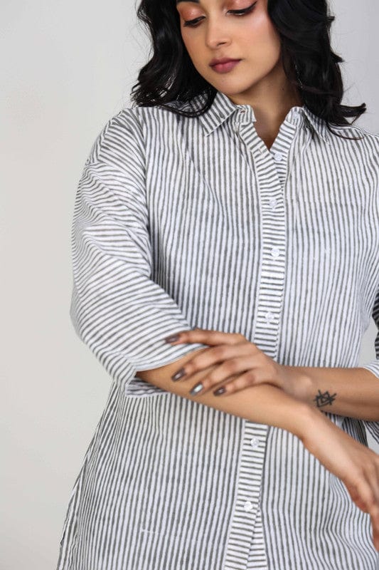 White and Grey 3/4th Sleeves Cotton Stripes Hip length Tunic