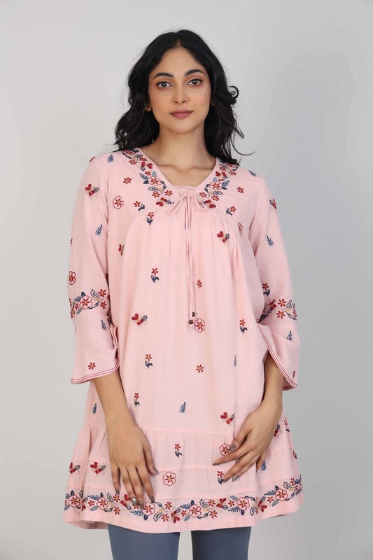 Pink 3/4th Sleeves Cotton Floral thread work Thigh length Tunic