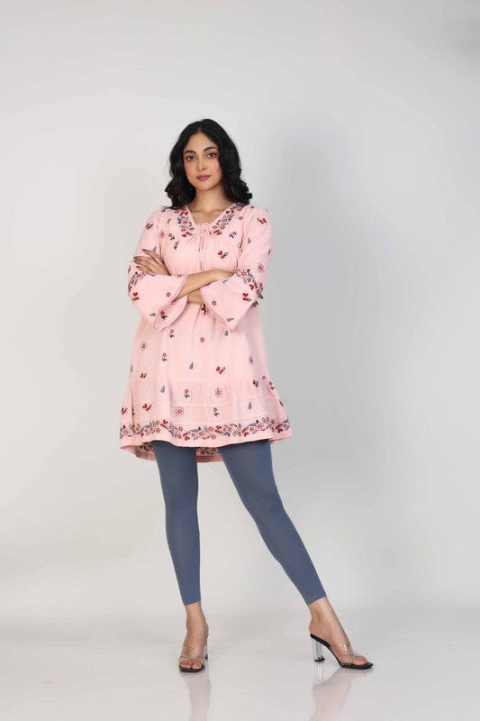 Pink 3/4th Sleeves Cotton Floral thread work Thigh length Tunic
