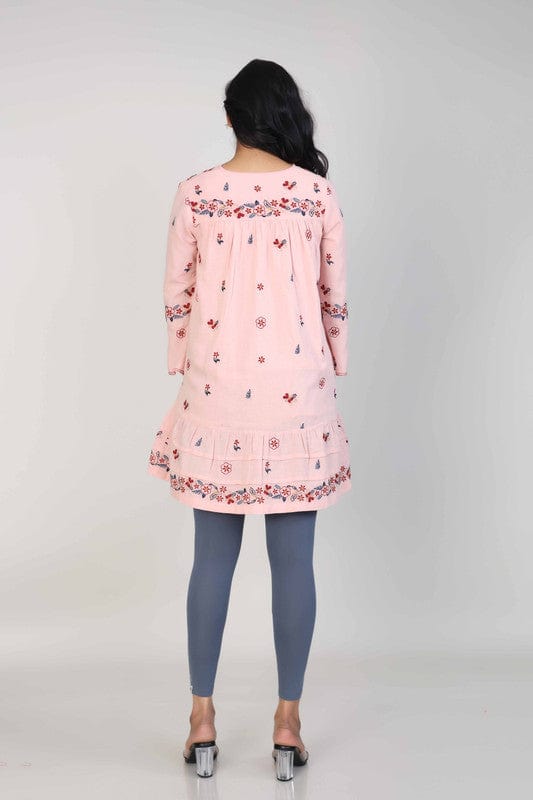 Pink 3/4th Sleeves Cotton Floral thread work Thigh length Tunic