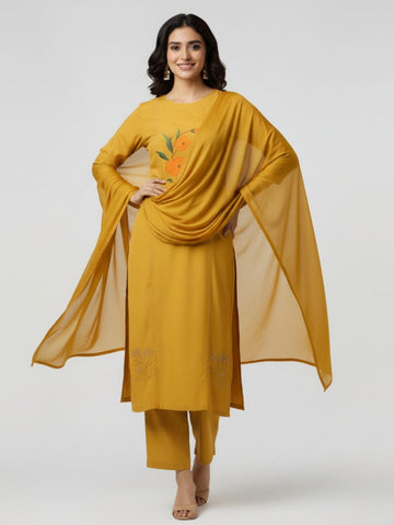 Mustard Yellow Full Sleeves Cotton Silk Gold Thread Work Calf Length Kurta Set - With Dupatta