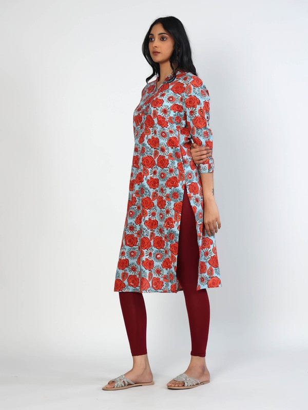 Sea Blue 3/4th Sleeves Cotton Block print Calf length Kurta