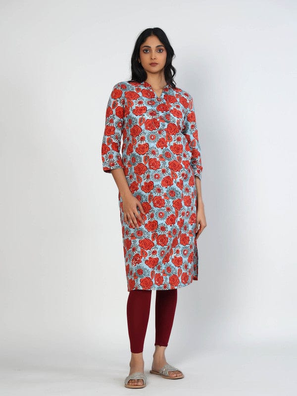 Sea Blue 3/4th Sleeves Cotton Block print Calf length Kurta