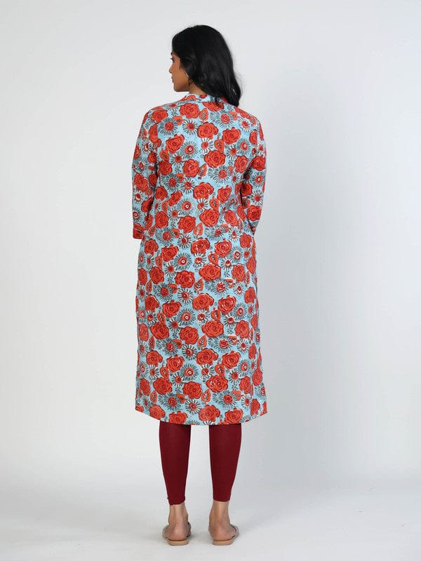 Sea Blue 3/4th Sleeves Cotton Block print Calf length Kurta