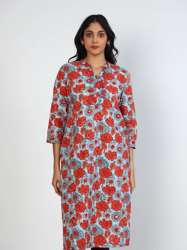 Sea Blue 3/4th Sleeves Cotton Block print Calf length Kurta