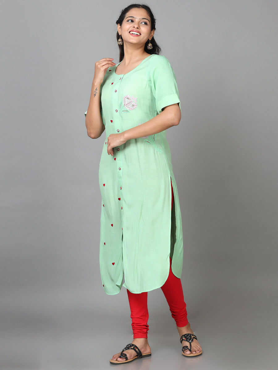 Green Elbow Length Sleeve Rayon Embroidered Straight Calf Length Kurta