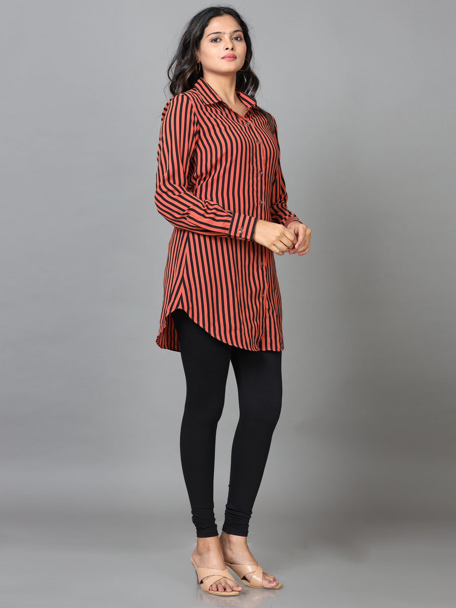 Brown Cuff Sleeve Georgette Striped Western Long Length Shirt