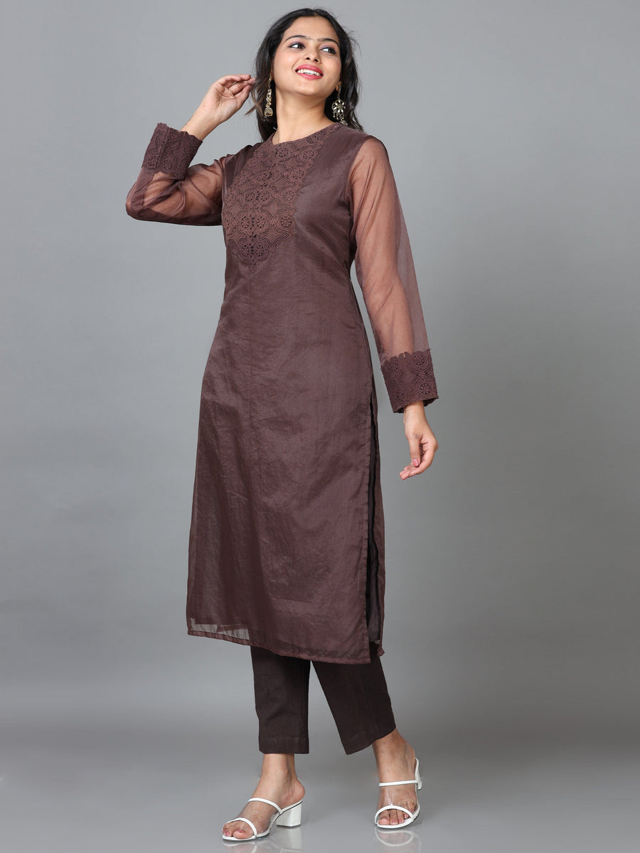 Dark Brown Full Sleeve Organza Solid Straight calf-long Kurta Set