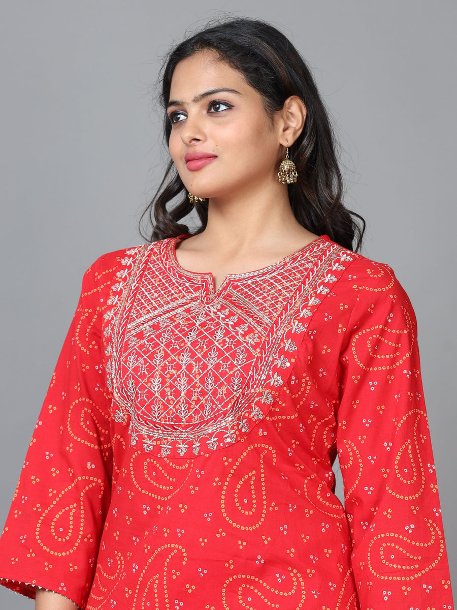 Red 3/4 Sleeve Cotton Printed Straight calf-long Salwar Suit