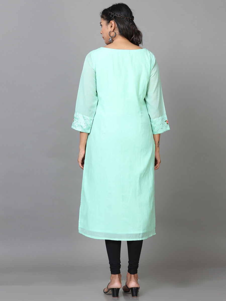 Mint Green 3/4 Sleeve Cotton Embroidered Straight Calf Length Kurta