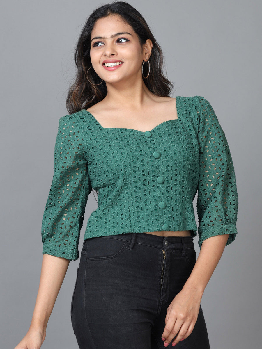 Green Half Sleeve Schiffli Embroidered Western Short Length Top