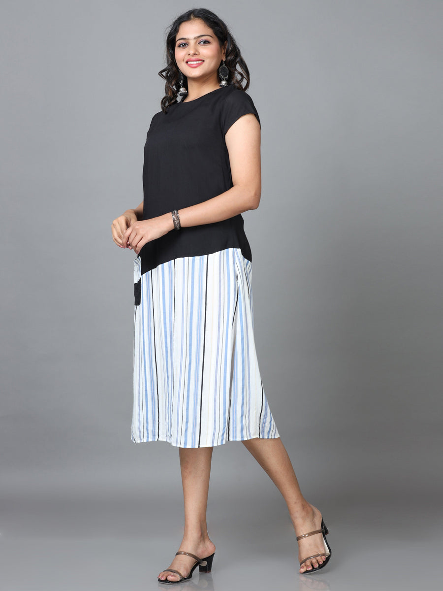 Black Short Sleeve Cotton Striped Straight Calf Length Kurta