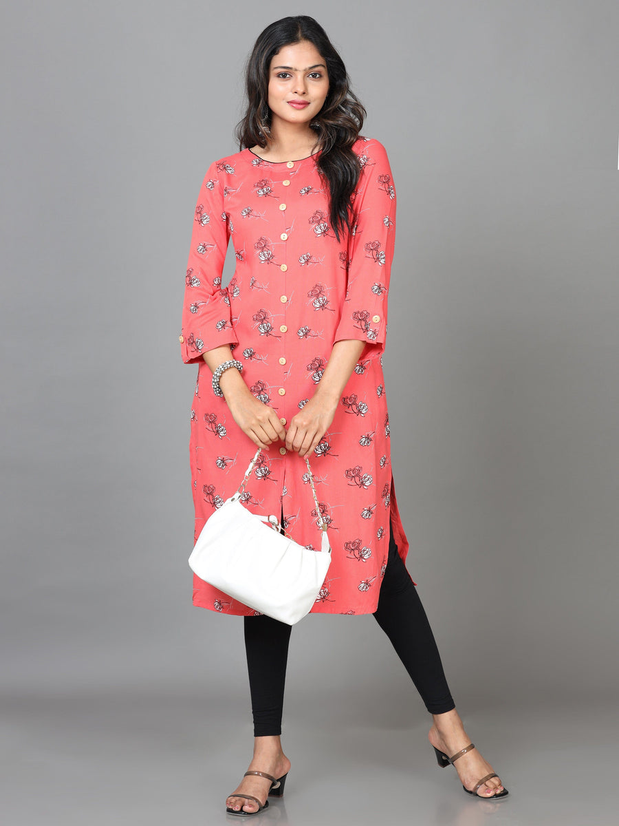 Red 3/4 Sleeve Viscose Printed Straight Knee Length Kurta