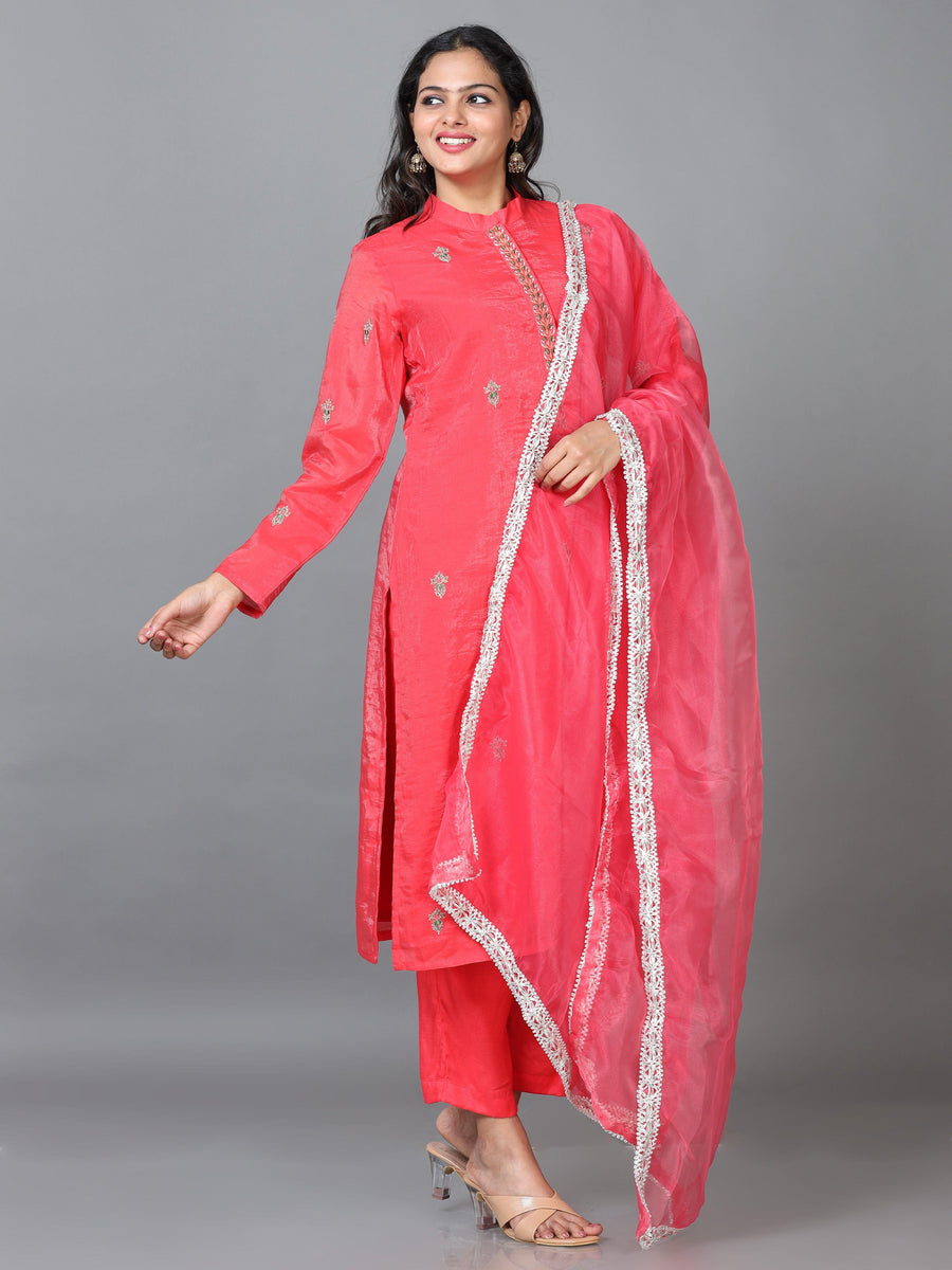 Red Full Sleeve Chanderi Embroidered Straight calf-long Salwar Suit