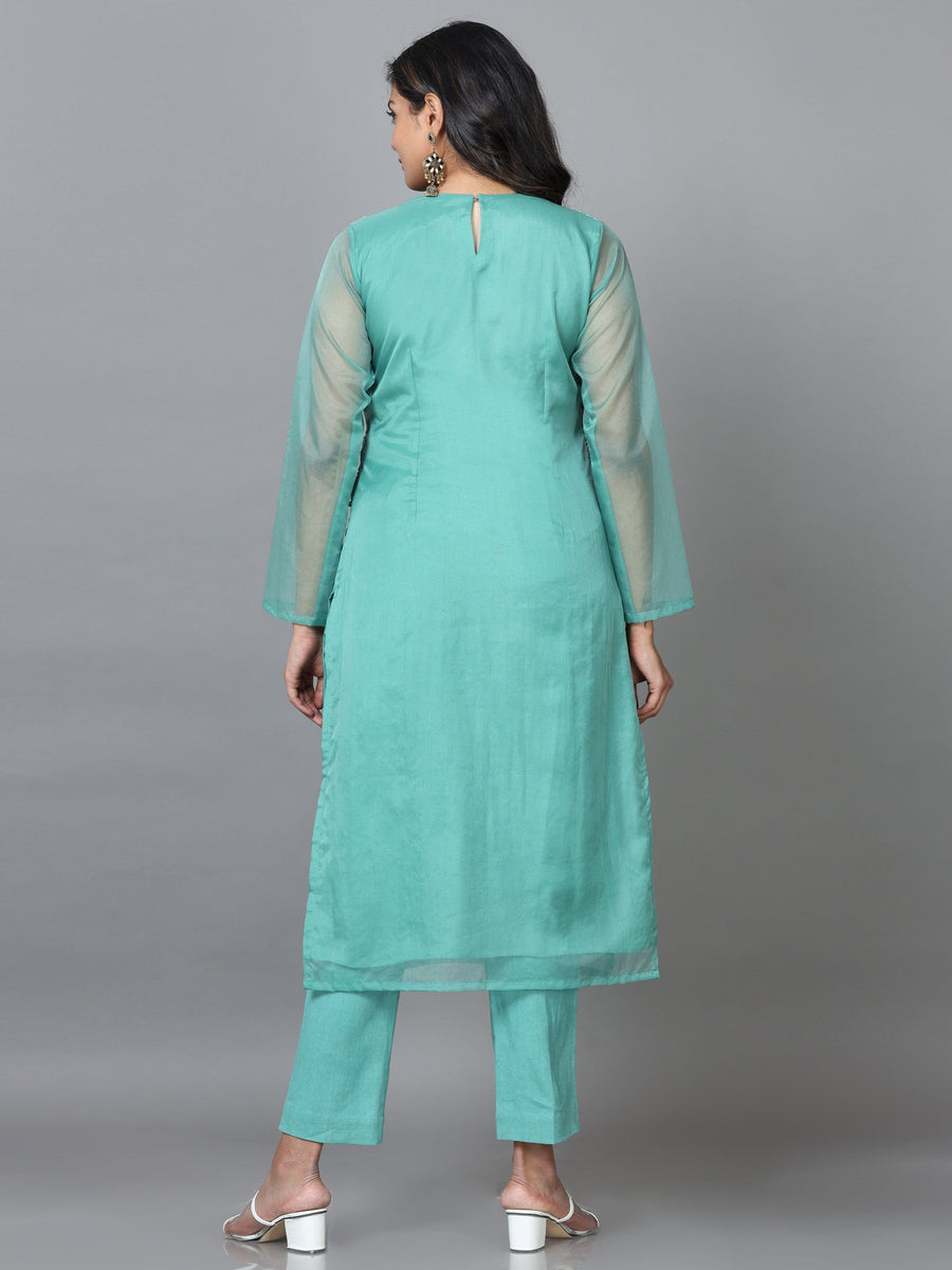 Green 3/4 Sleeve Organza Solid Straight calf-long Kurta Set