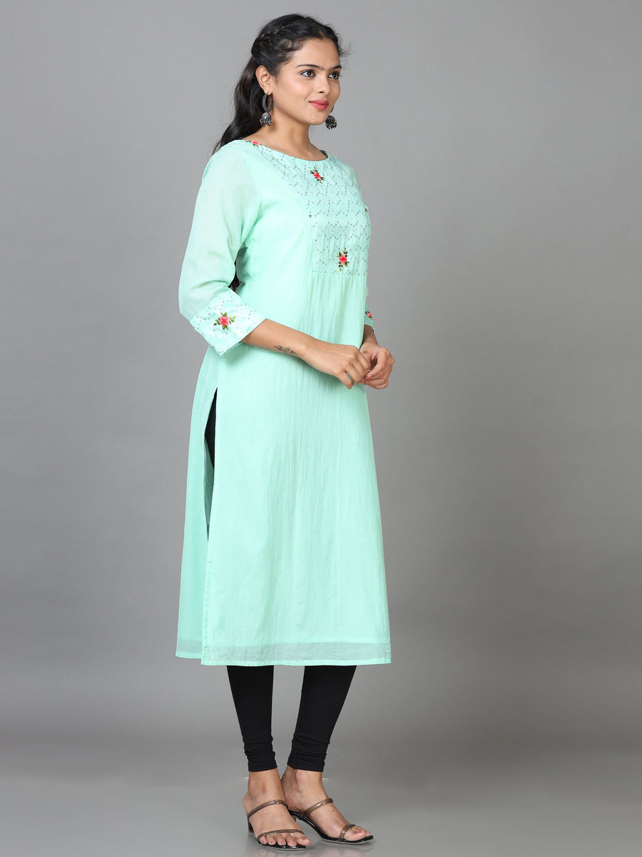 Mint Green 3/4 Sleeve Cotton Embroidered Straight Calf Length Kurta