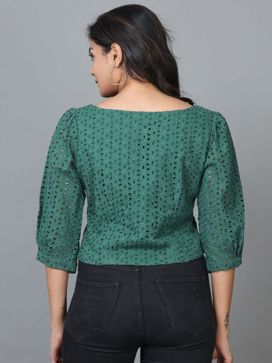 Green Half Sleeve Schiffli Embroidered Western Short Length Top