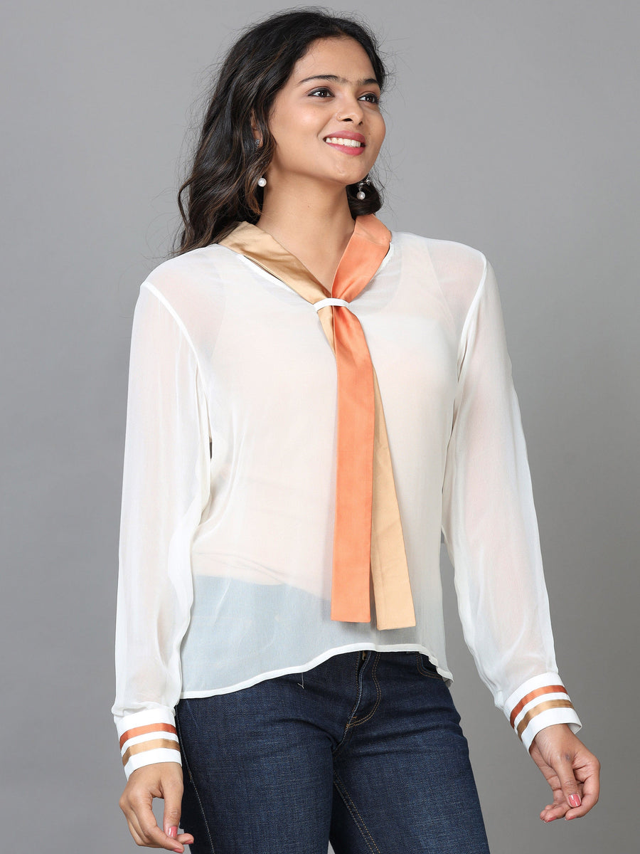 White Cuff Sleeve Georgette Solid Western Standard Length Top